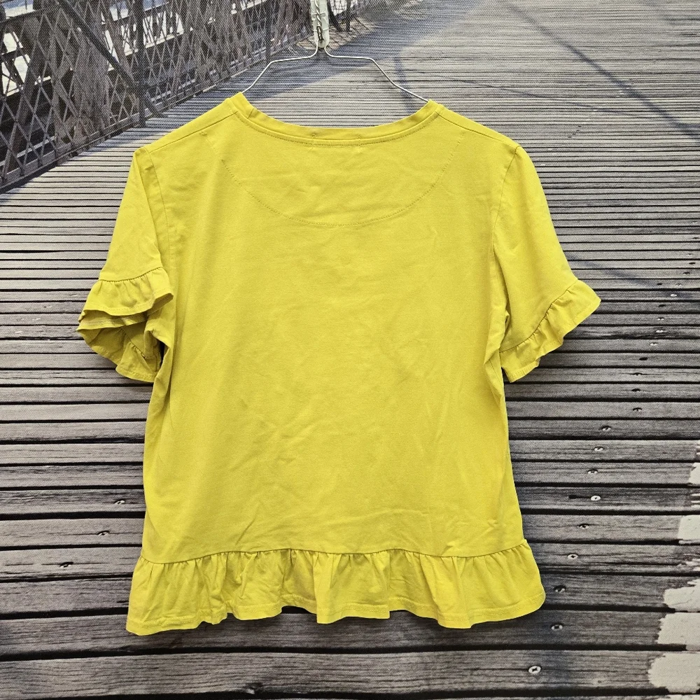 Velour Bunny Embroidered Banana Ruffle Sleeve Peplum Boxy Stretch Top Large